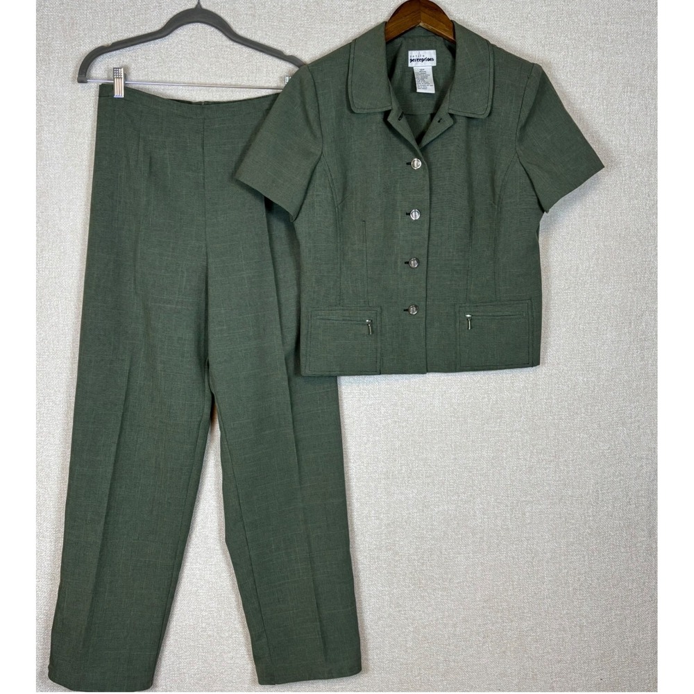 Petite Perceptions Womens 12P Pantsuit Olive Green 2 Piece Blazer Trousers Set